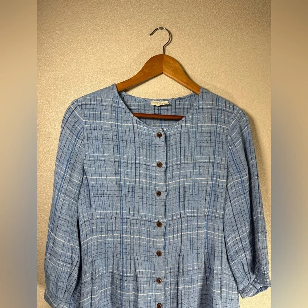 Poetry CHECKED DRESS High-twist linen Ocean Blue US 6 - Picture 5 of 10